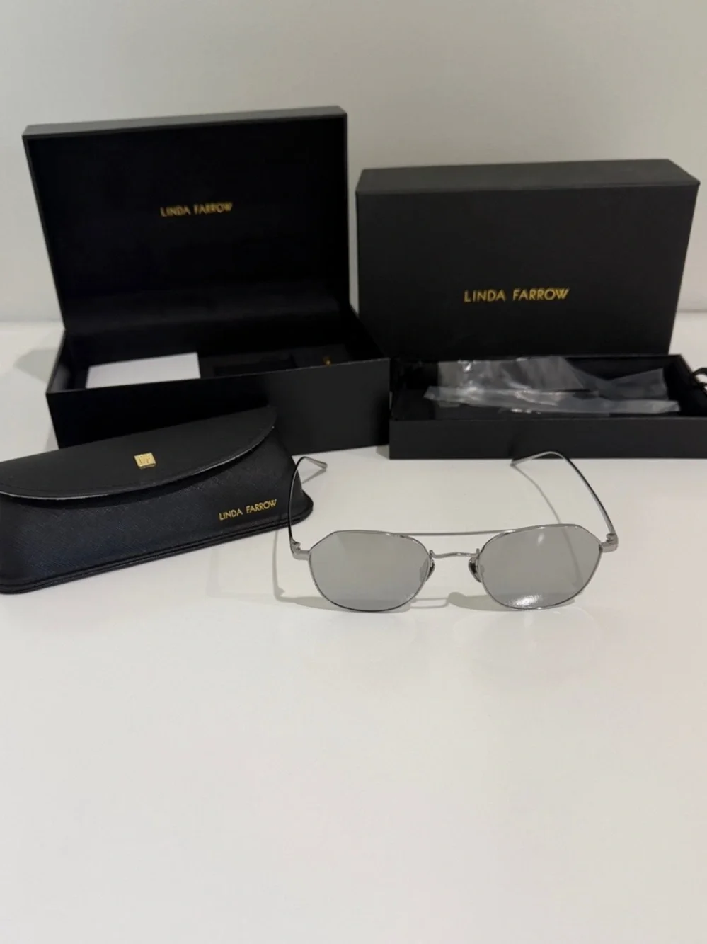 Linda Farrow Dante LFL977 Sunglasses 22K White Gold Aviator NIB Full Set